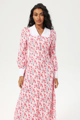 Floral Long Sleeve Doll Collar Buttoned Midi Dress Pink