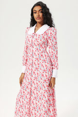 Floral Long Sleeve Doll Collar Buttoned Midi Dress Pink