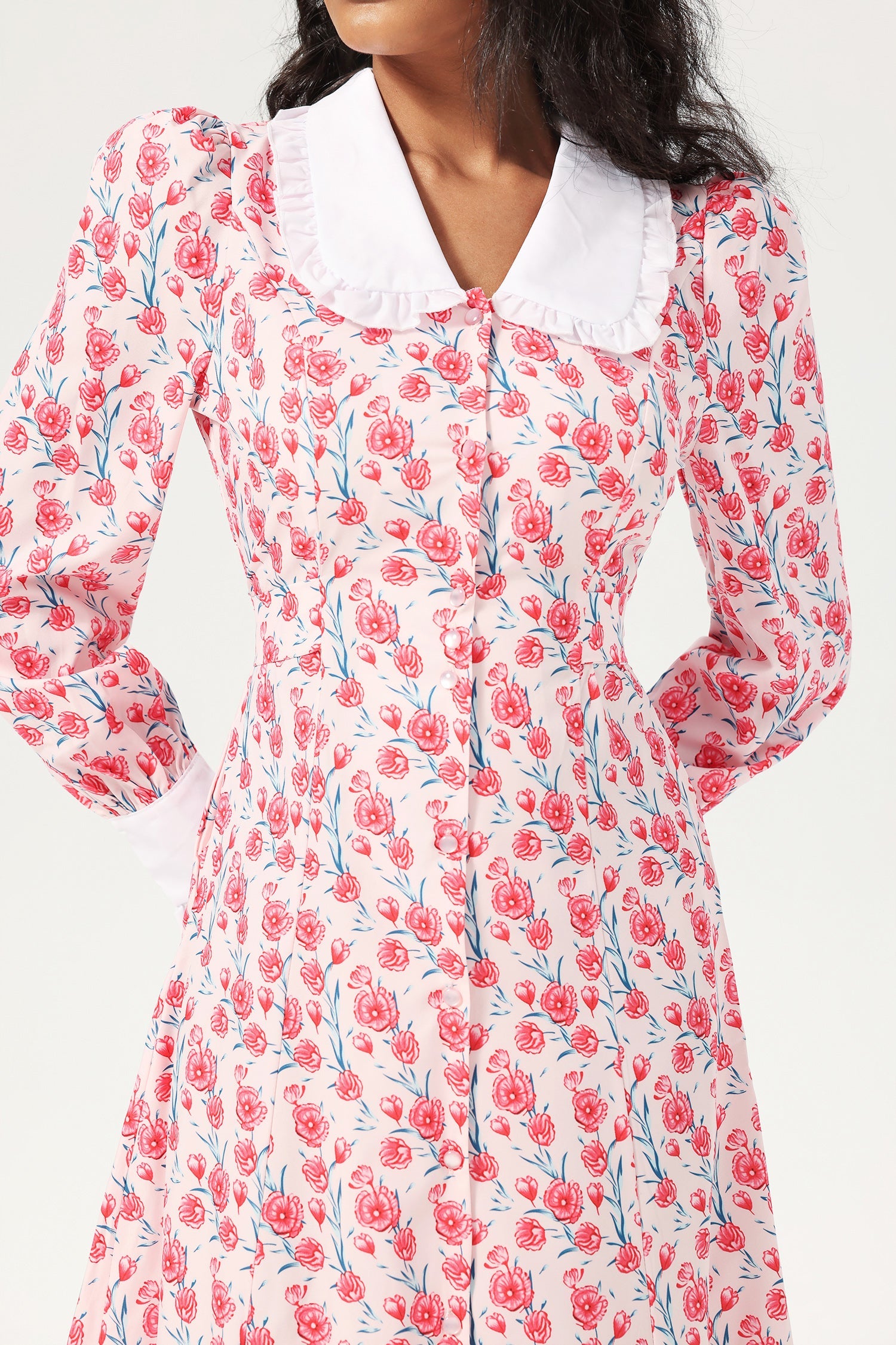 Floral Long Sleeve Doll Collar Buttoned Midi Dress Pink