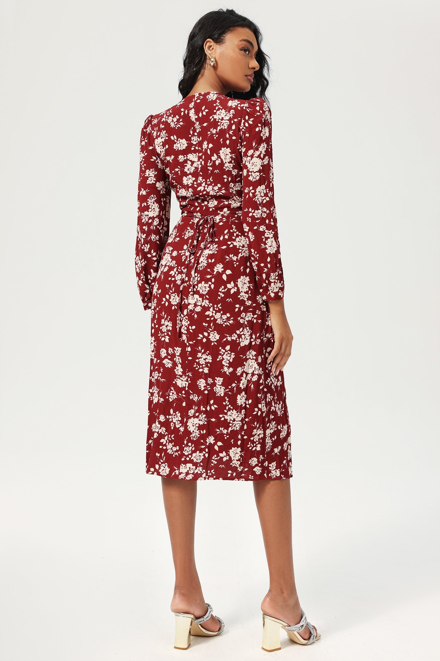 Floral Long Sleeve V-Neck Slit Midi Dress Red