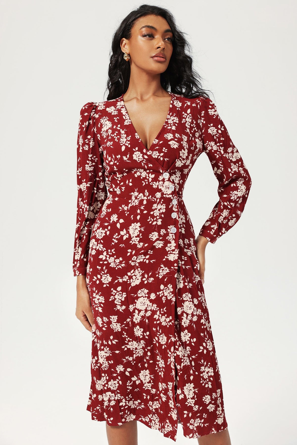 Floral Long Sleeve V-Neck Slit Midi Dress Red