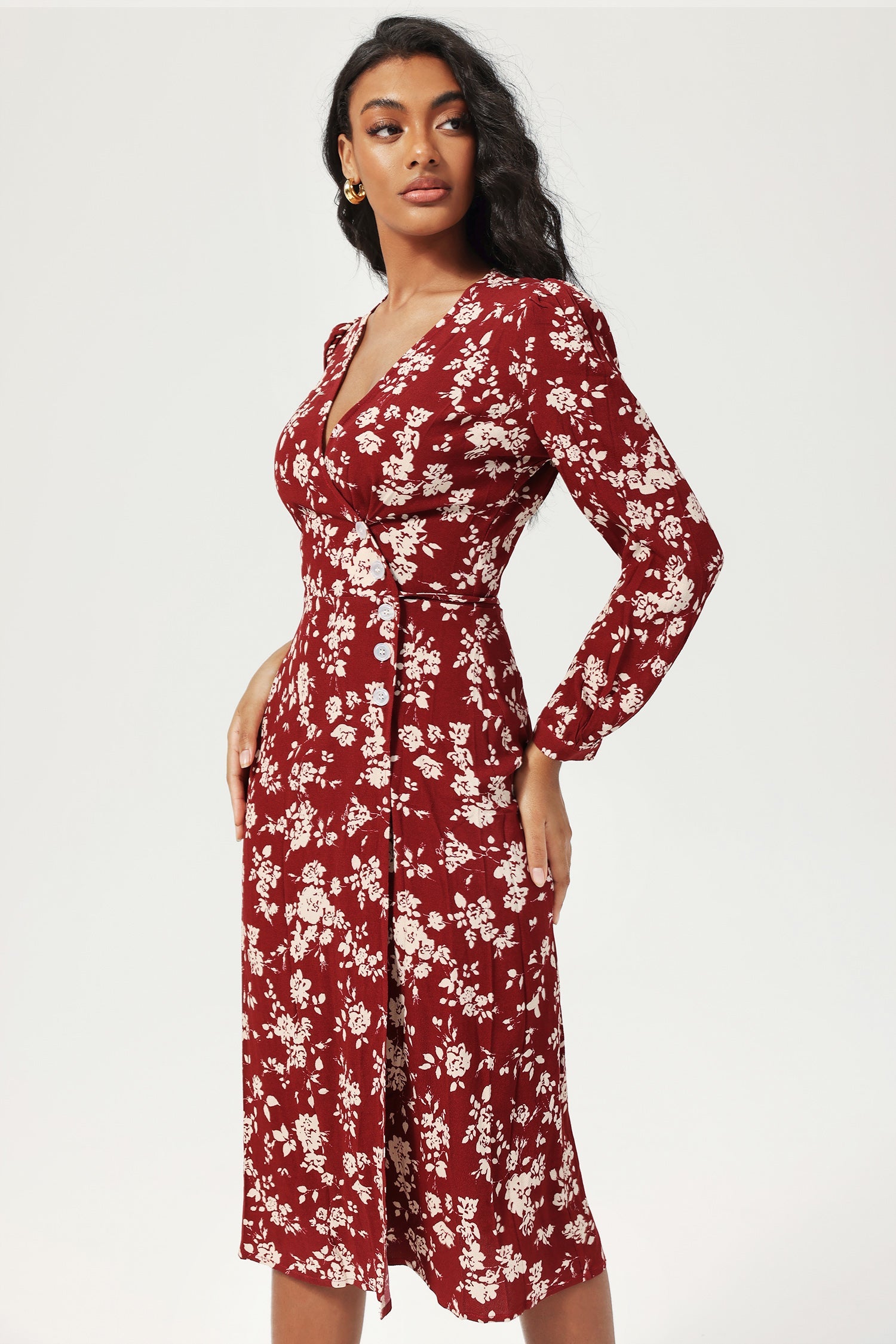 Floral Long Sleeve V-Neck Slit Midi Dress Red