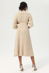 Crew Collar Knit Midi Dress Beige