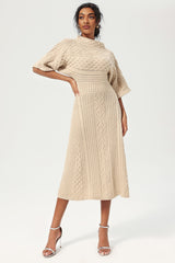 Crew Collar Knit Midi Dress Beige