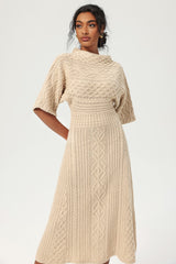 Crew Collar Knit Midi Dress Beige