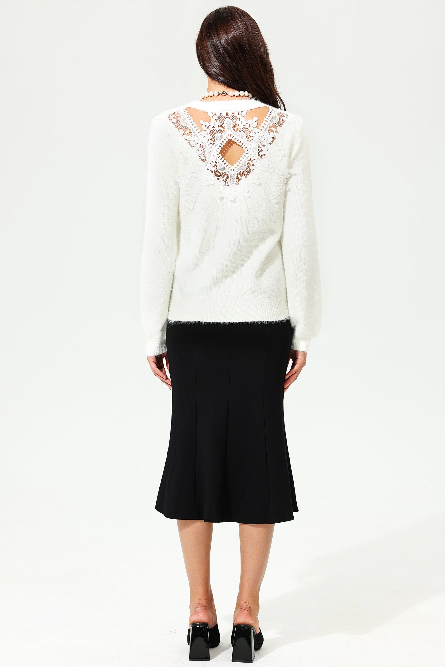 Long Sleeve Crew Collar Cut-Out Lace Sweater White