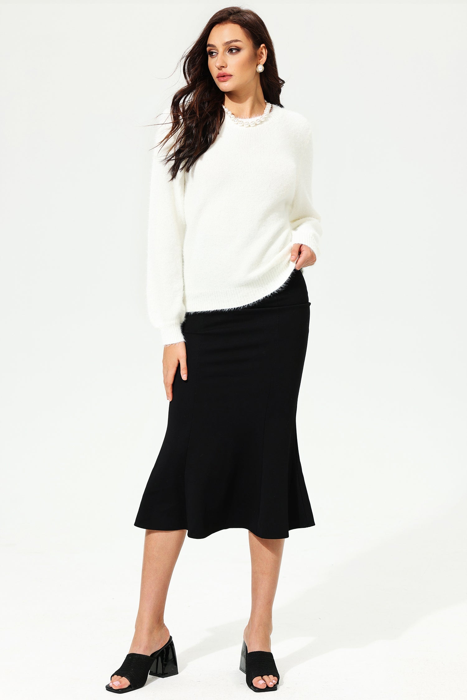 Long Sleeve Crew Collar Cut-Out Lace Sweater White