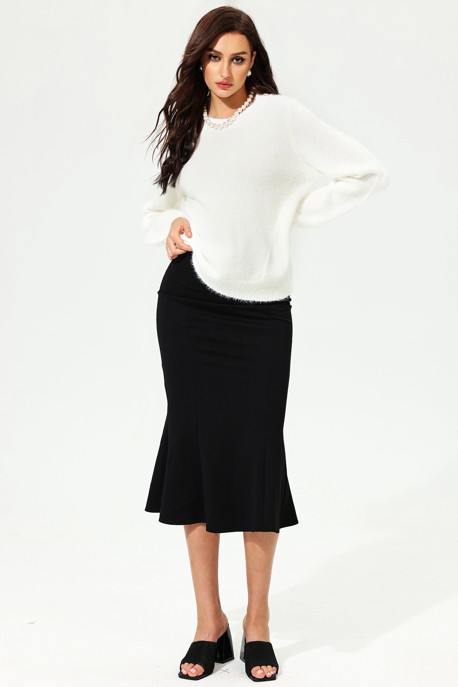 Long Sleeve Crew Collar Cut-Out Lace Sweater White