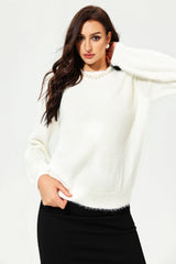 Long Sleeve Crew Collar Cut-Out Lace Sweater White