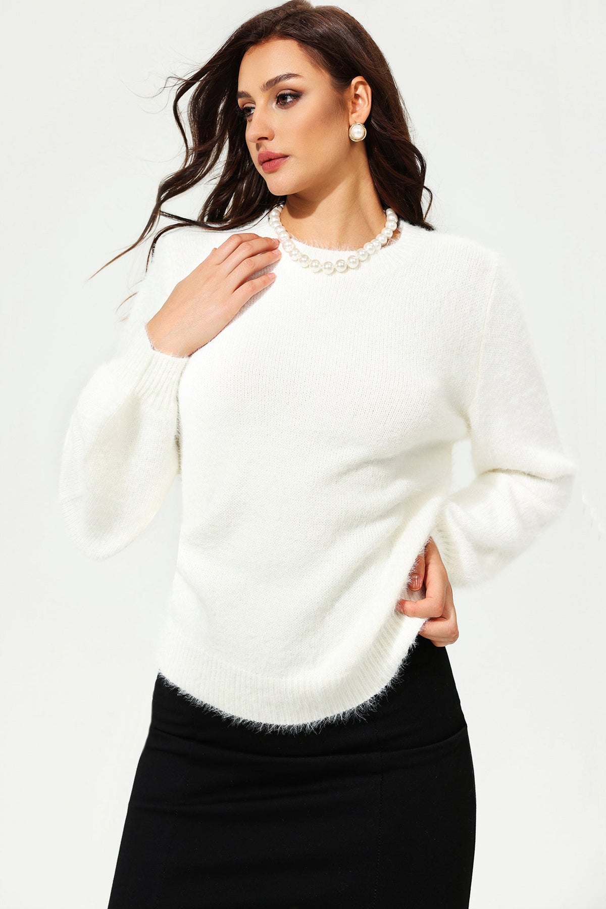 Long Sleeve Crew Collar Cut-Out Lace Sweater White