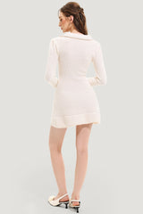 Long Sleeve Lapel Sequin Pearl Knit Mini Dress White