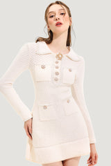 Long Sleeve Lapel Sequin Pearl Knit Mini Dress White