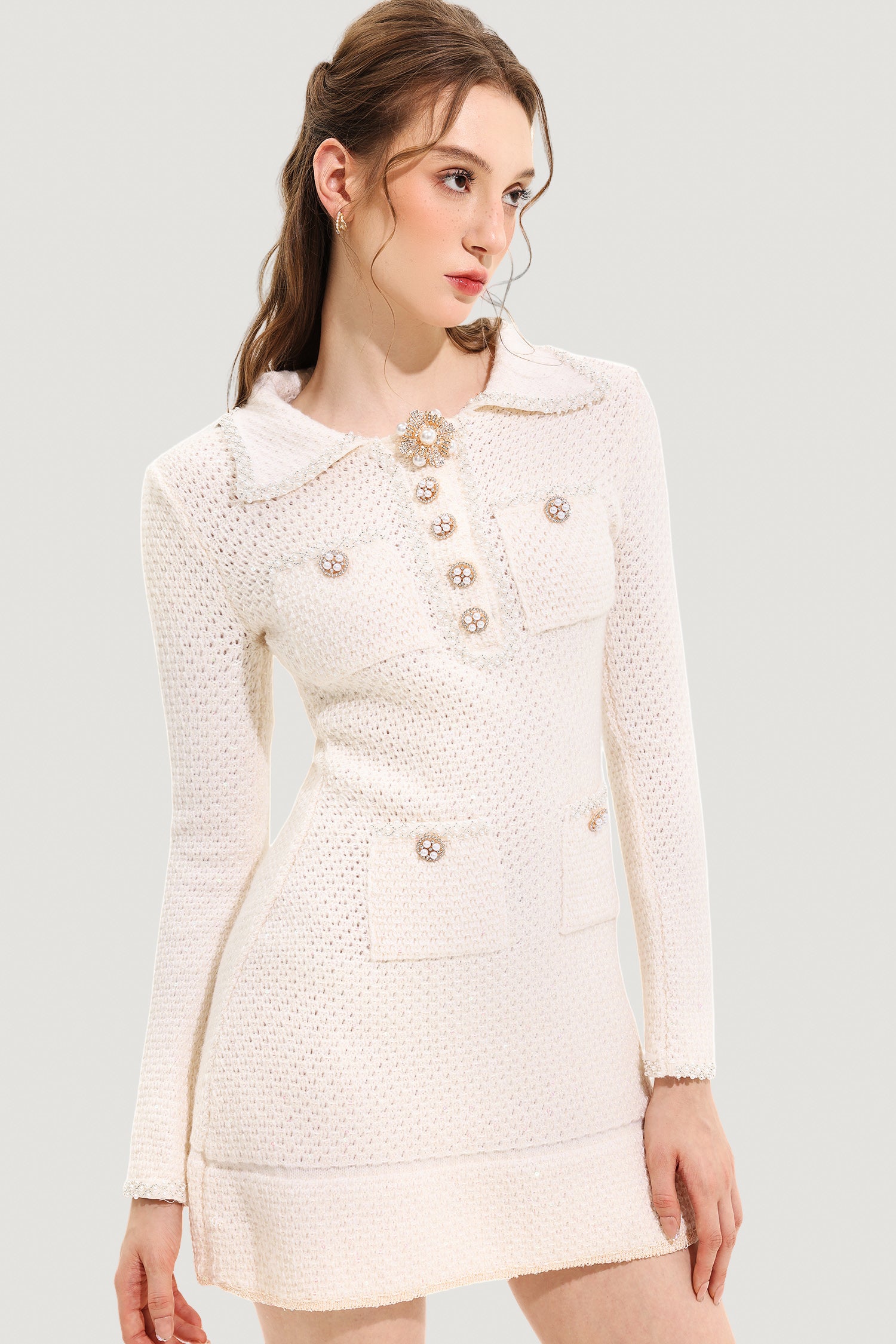 Long Sleeve Lapel Sequin Pearl Knit Mini Dress White