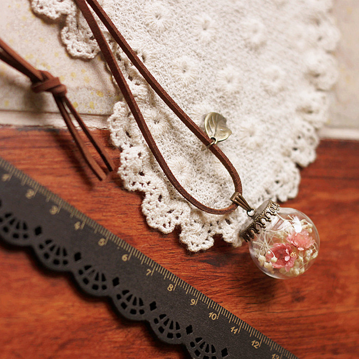 Preserved Flower Necklace Glass Cover Pink Gypsophila Pendant