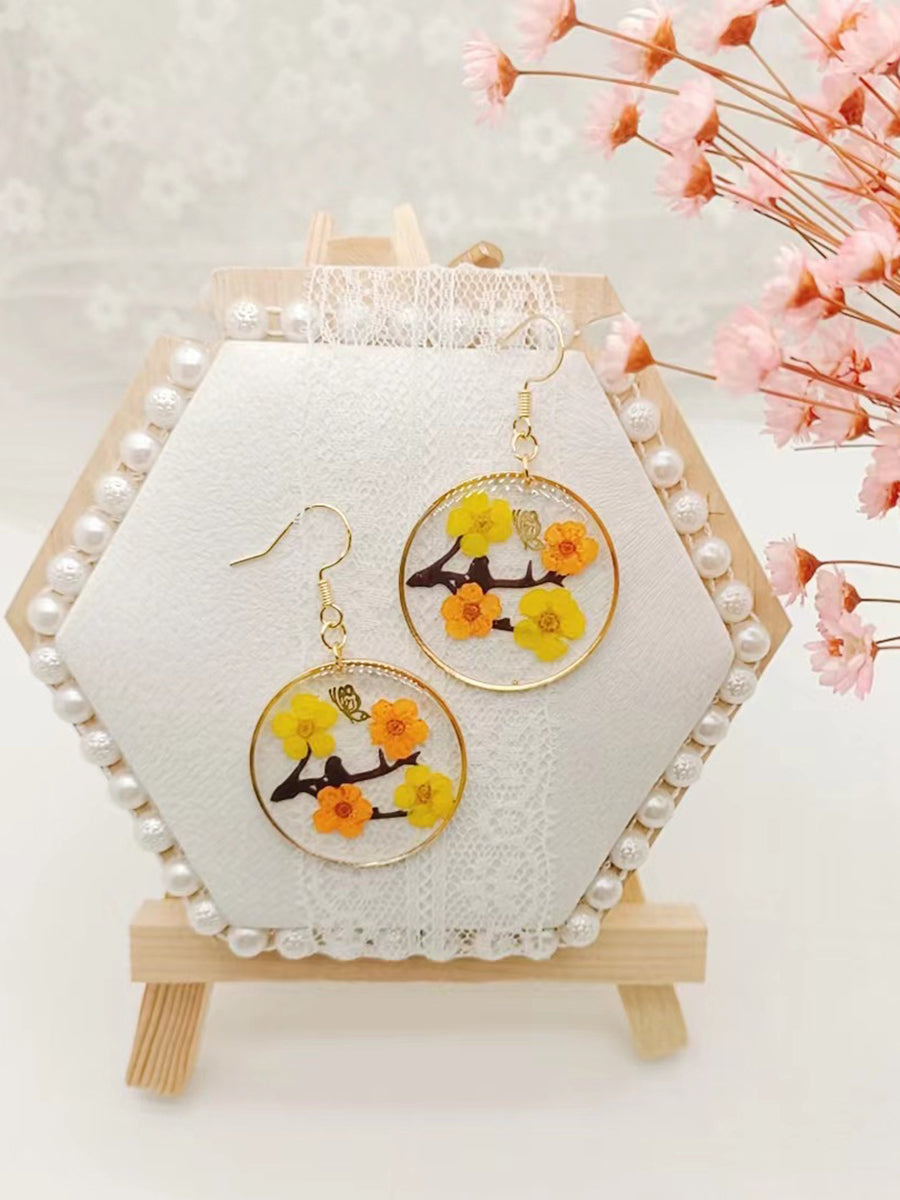 Dried Plum Blossom Epoxy Gold Butterfly Earrings