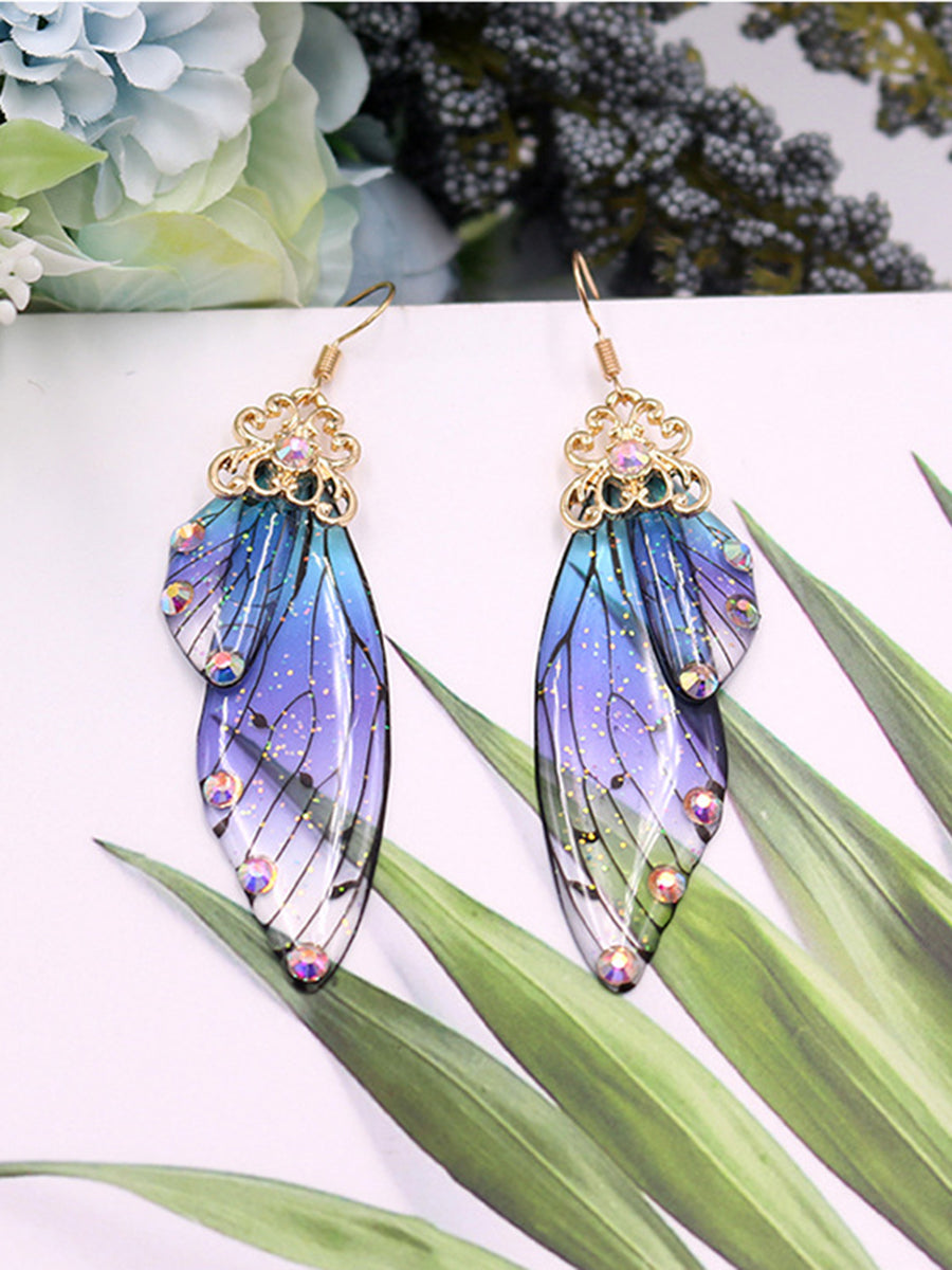 Butterfly Wing Blue Rhinestone Cicada Wing Crystal Earrings