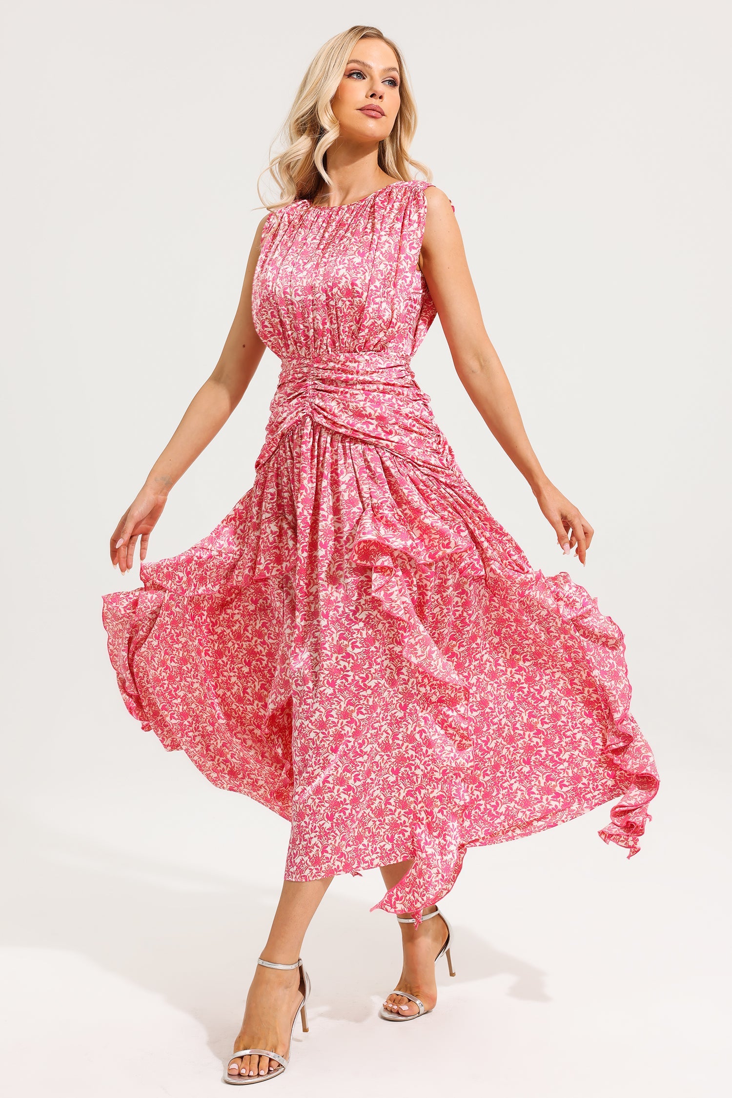 Round Neck Floral Frill Maxi Dress