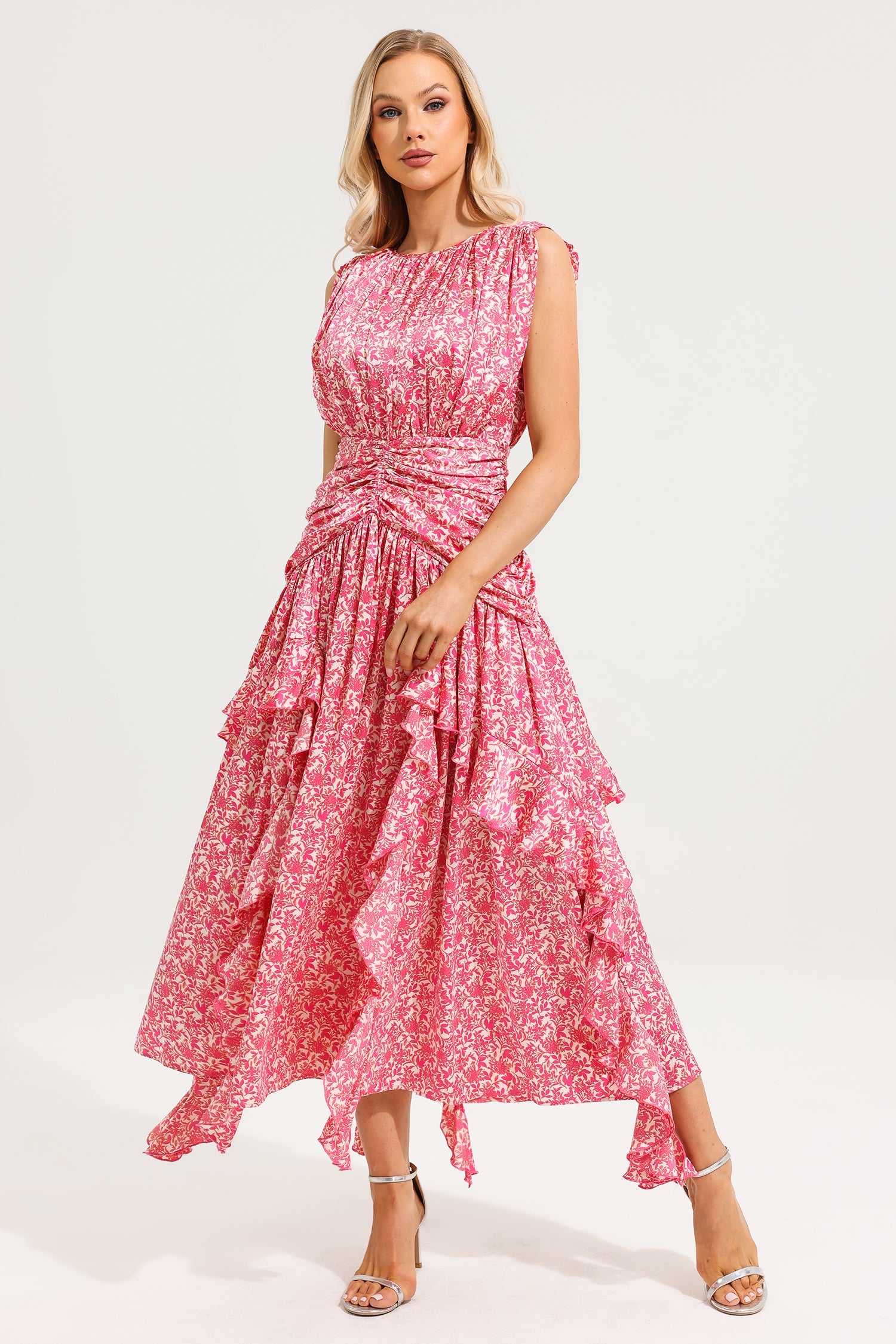 Round Neck Floral Frill Maxi Dress