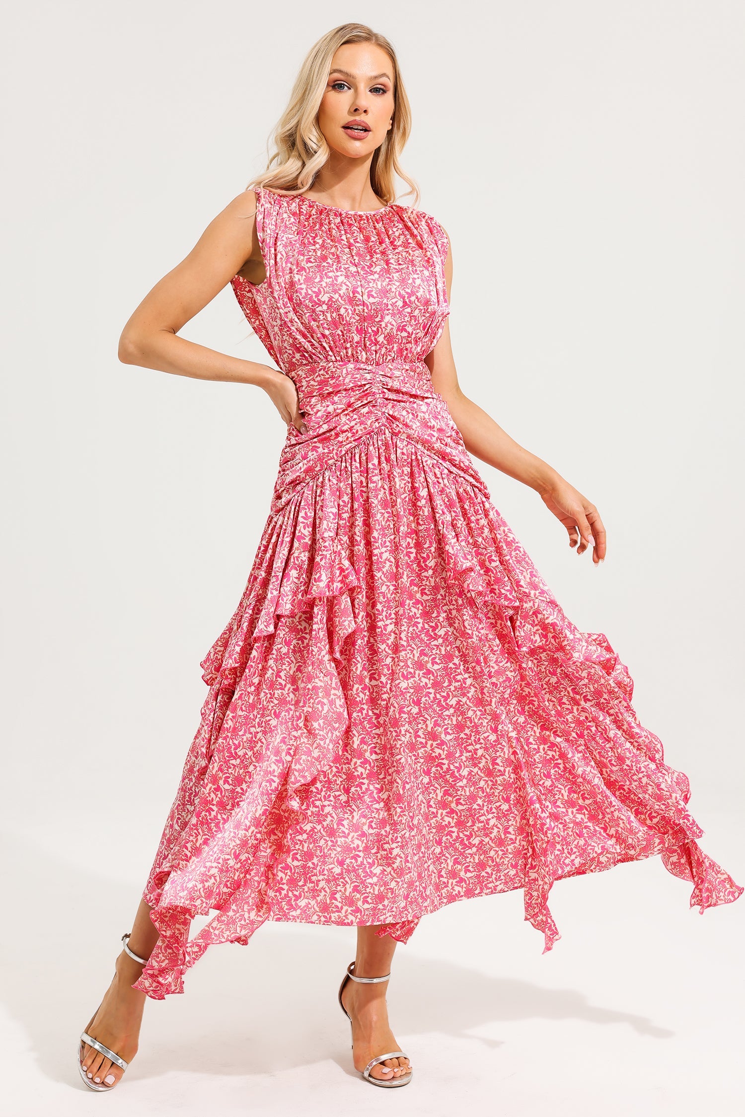 Round Neck Floral Frill Maxi Dress