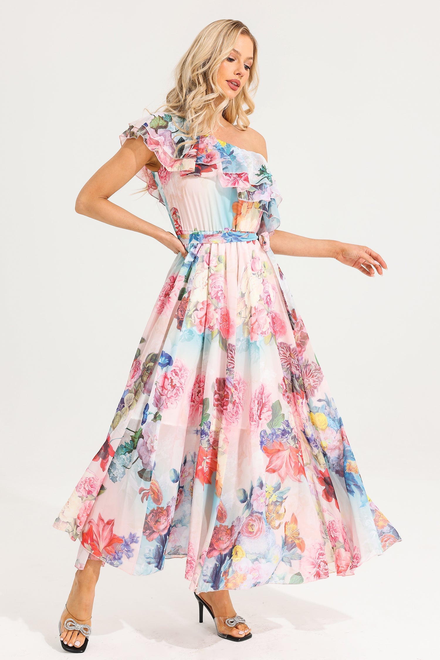 Floral One-Shoulder Ruffle Maxi Dress