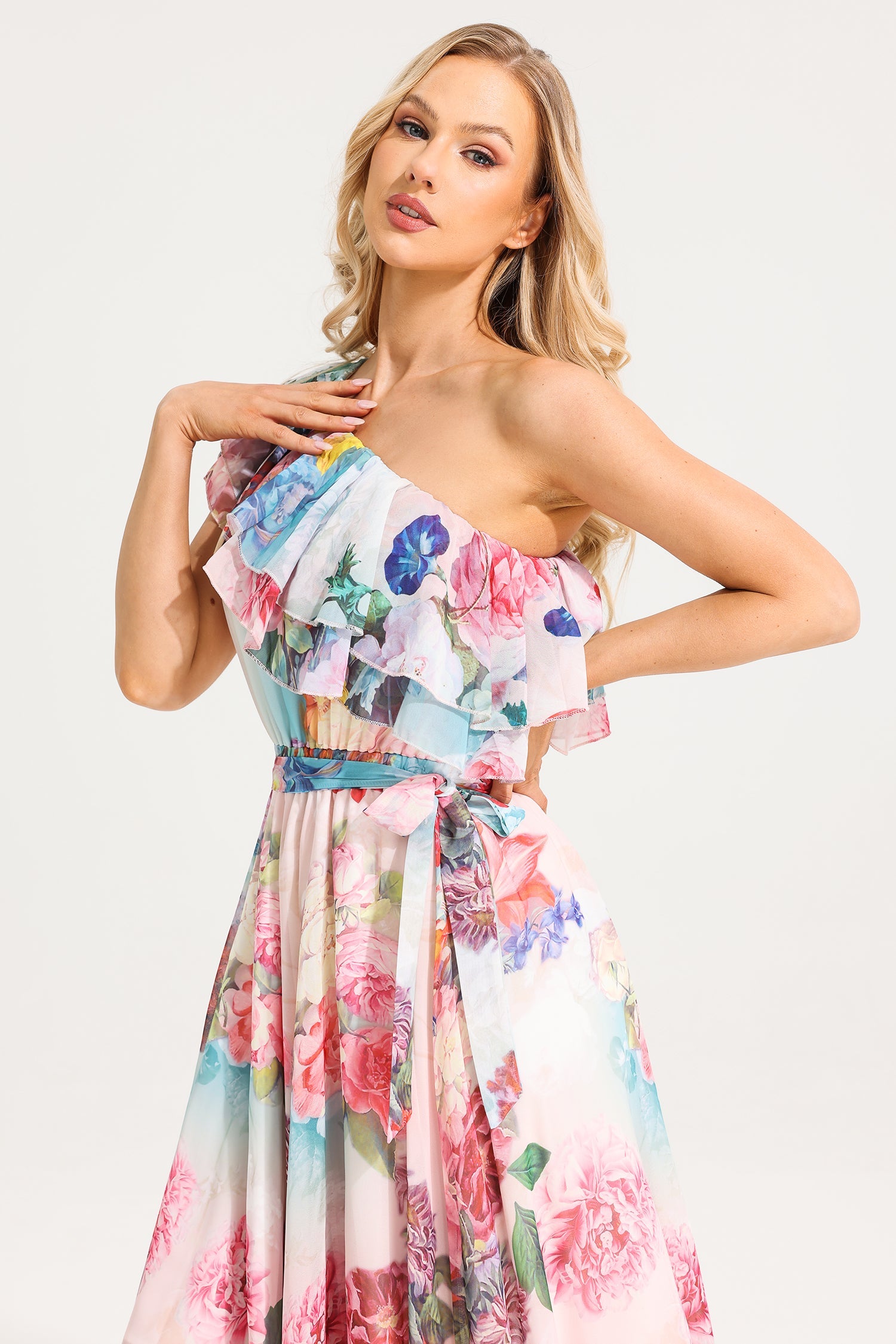 Floral One-Shoulder Ruffle Maxi Dress