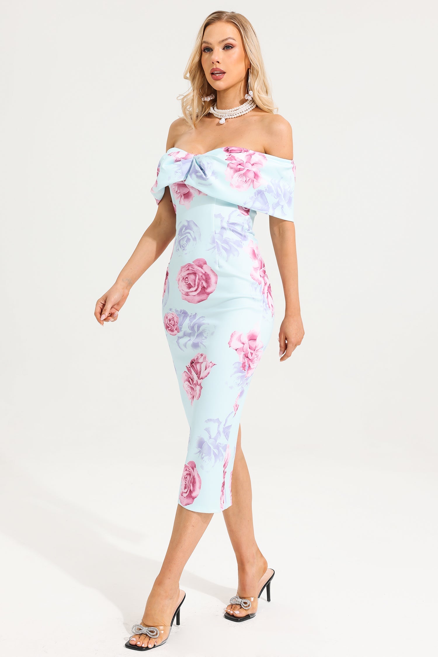 Floral Off-Shoulder Slim Midi Dress