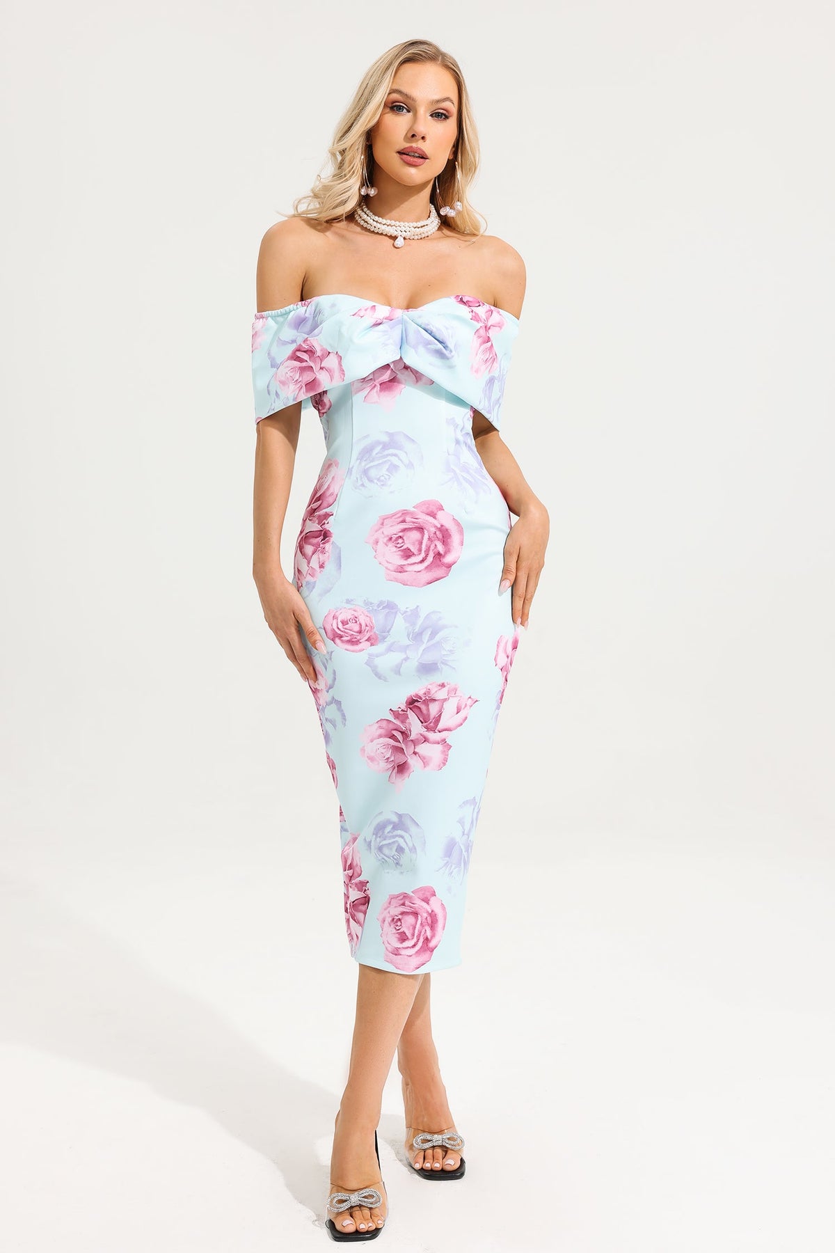 Floral Off-Shoulder Slim Midi Dress