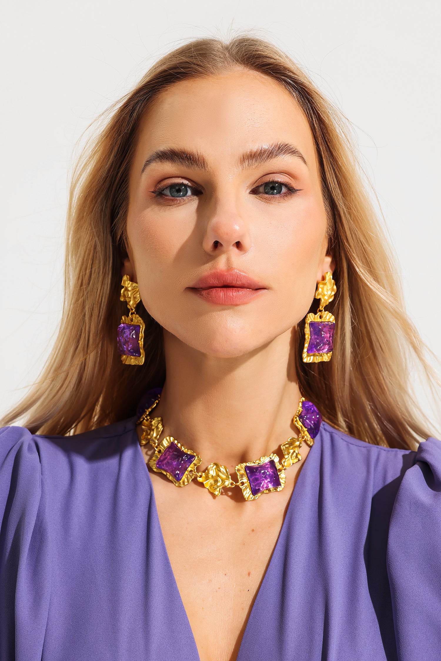 Square Dimentional Purple Acrylic in Gold Tone Earrings & Necklace