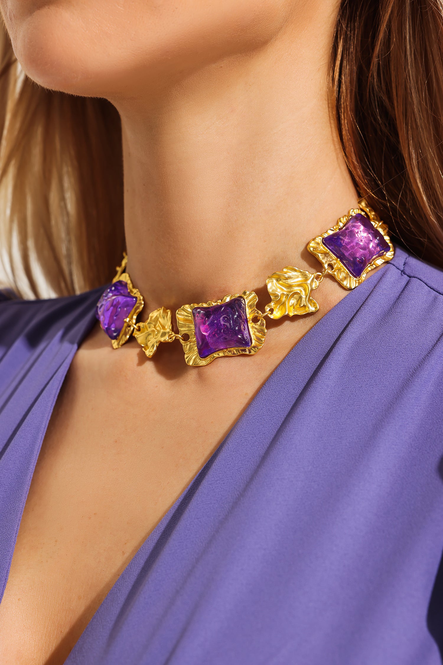 Square Dimentional Purple Acrylic in Gold Tone Earrings & Necklace