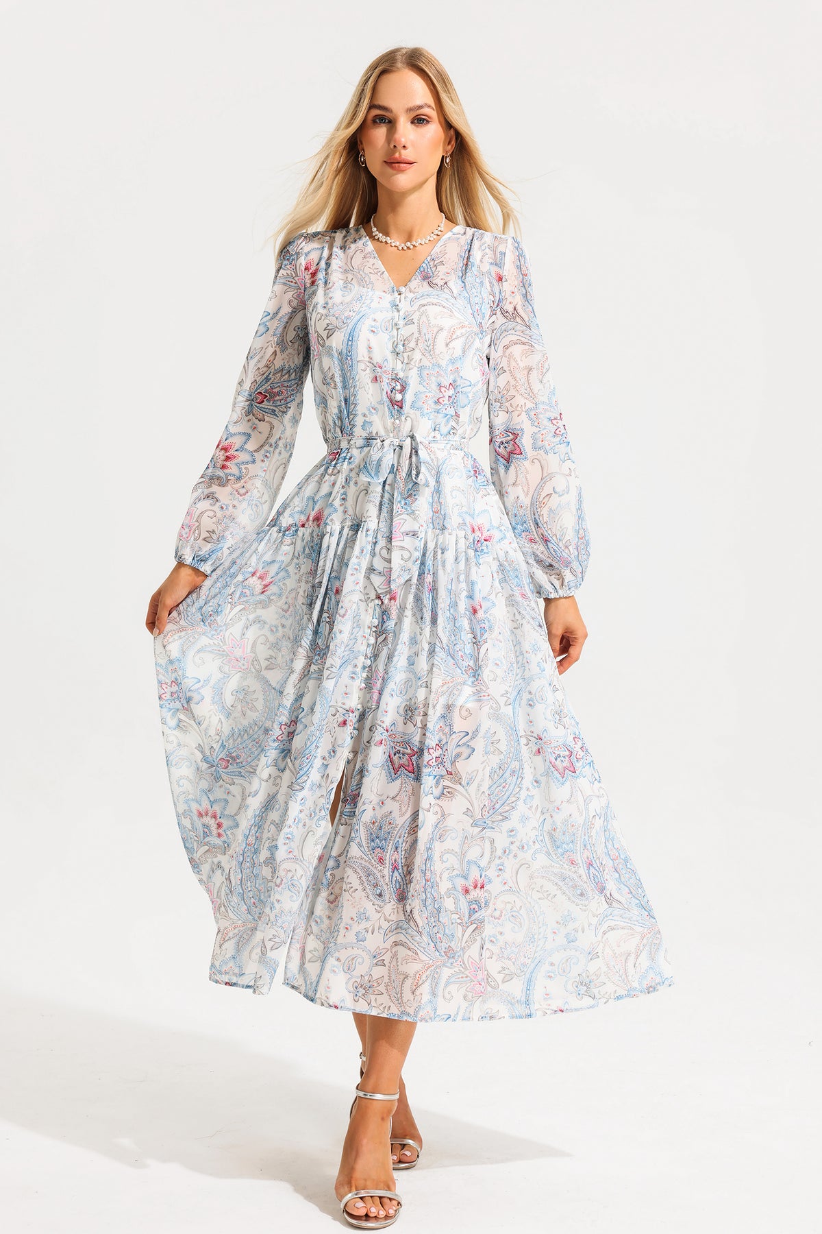 Floral V-Neck Shirt Sleeve Split Midi Dress