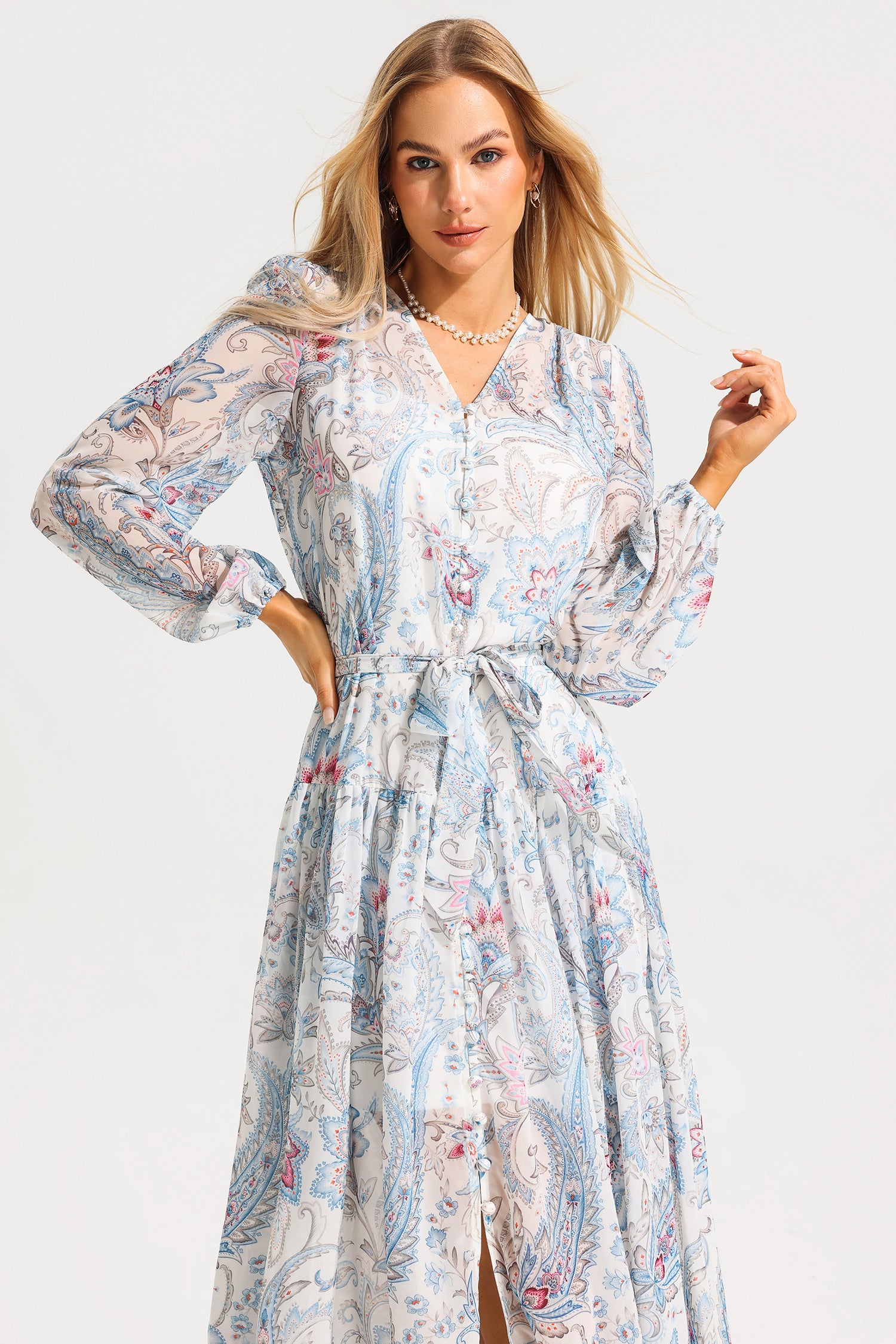 Floral V-Neck Shirt Sleeve Split Midi Dress