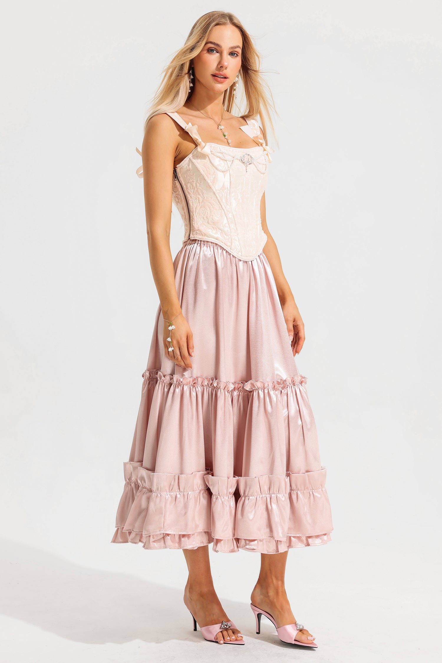 Mid Waist Solid Ruffle Midi Skirt