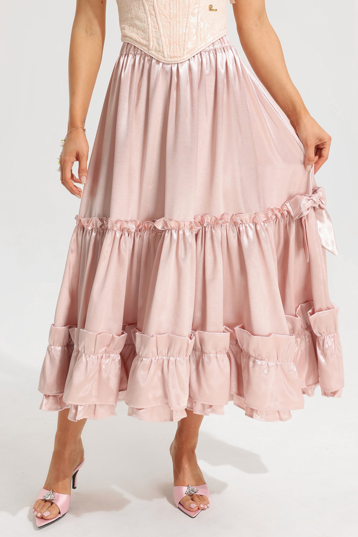 Mid Waist Solid Ruffle Midi Skirt