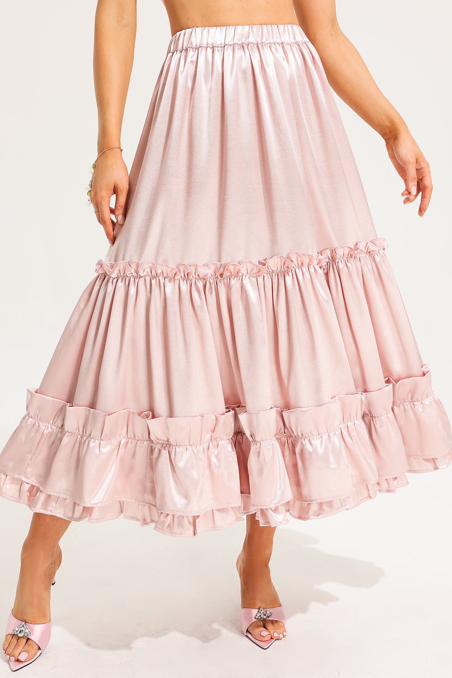 Mid Waist Solid Ruffle Midi Skirt