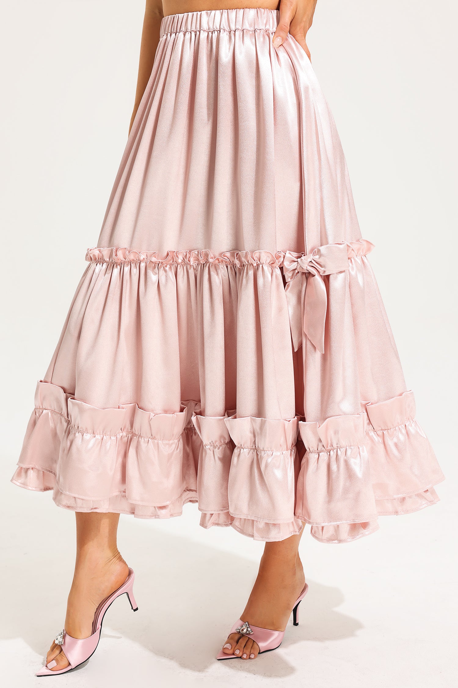 Mid Waist Solid Ruffle Midi Skirt