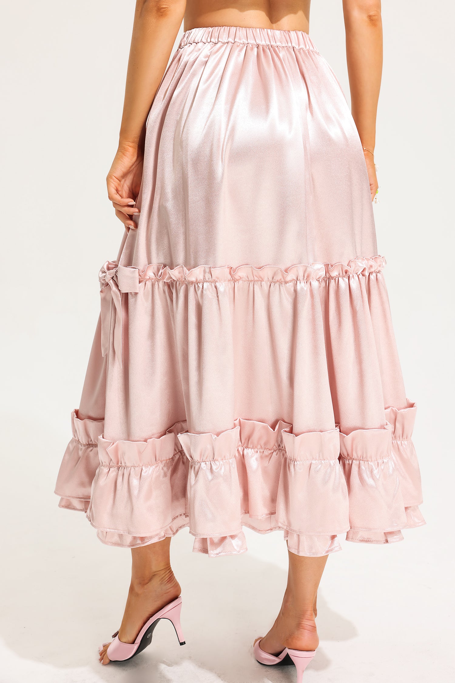 Mid Waist Solid Ruffle Midi Skirt