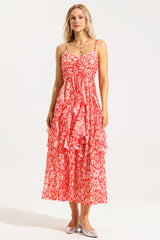 Floral Ruched Ruffle Cami Maxi Dress