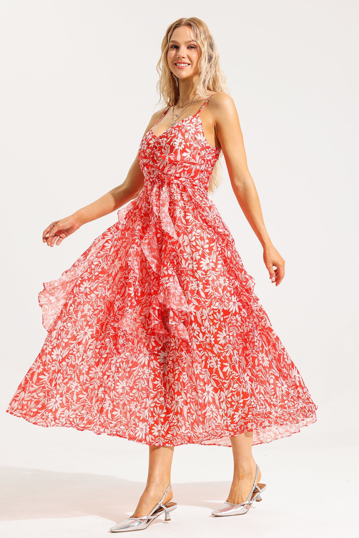 Floral Ruched Ruffle Cami Maxi Dress