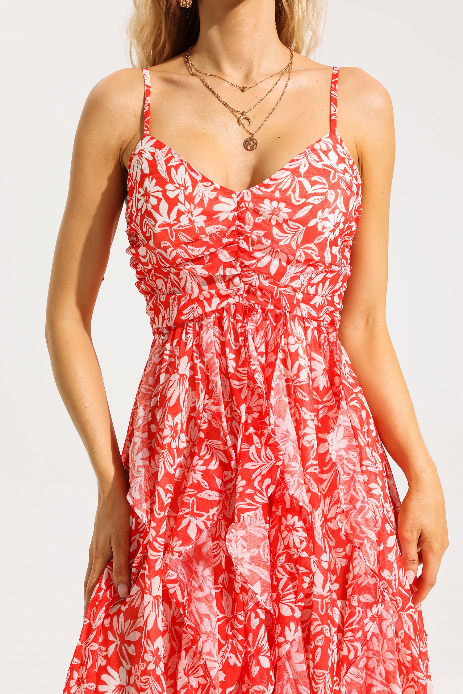 Floral Ruched Ruffle Cami Maxi Dress