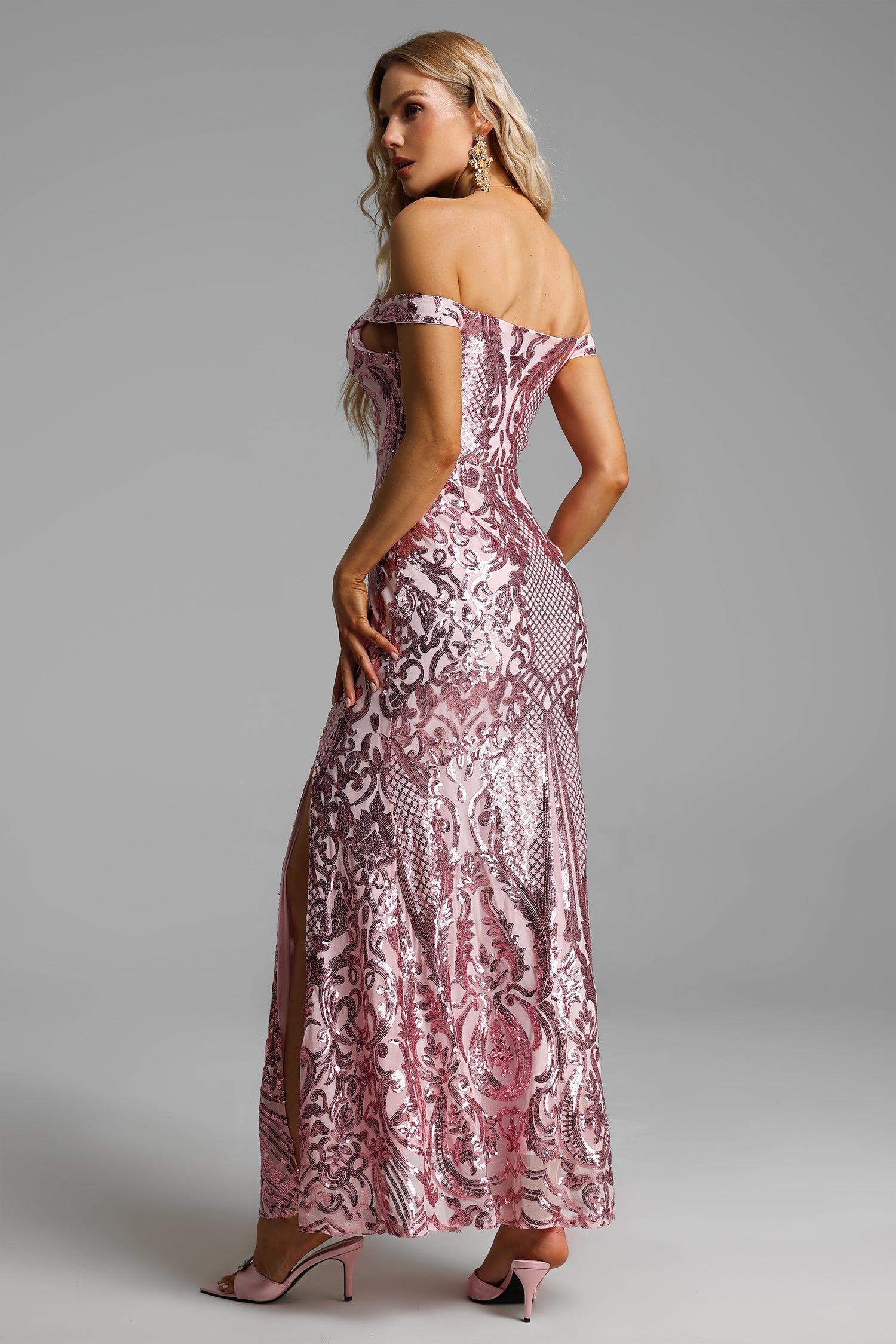 Sequin Off-Shoulder Split Maxi Dress