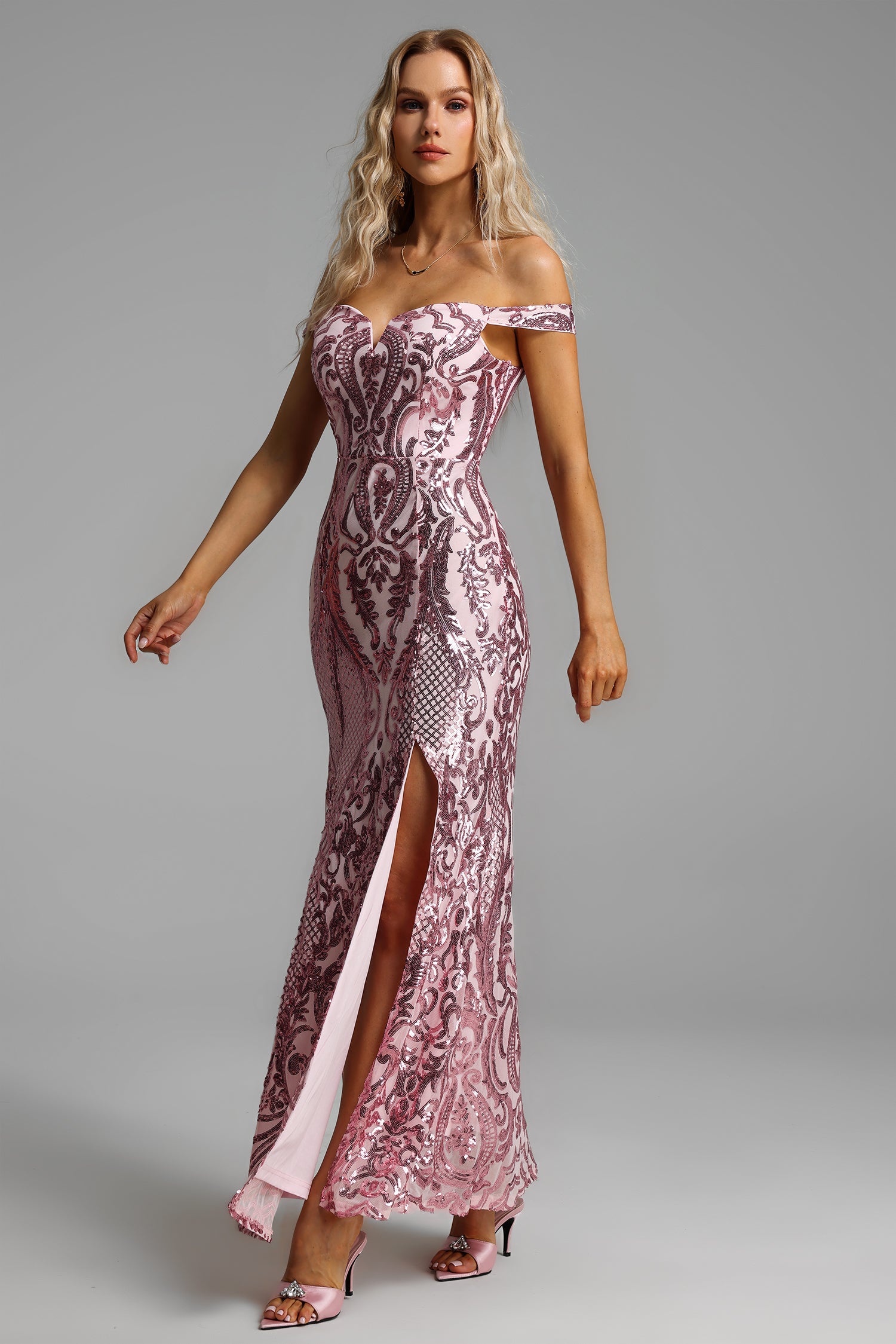 Sequin Off-Shoulder Split Maxi Dress