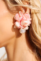 Floral Fabric Faux Pearl Earrings