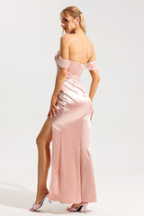 Satin Off-Shoulder Split Ruched Solid Maxi Dress