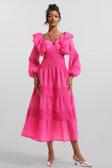 Lace Frill Lantern Sleeve Maxi Dress