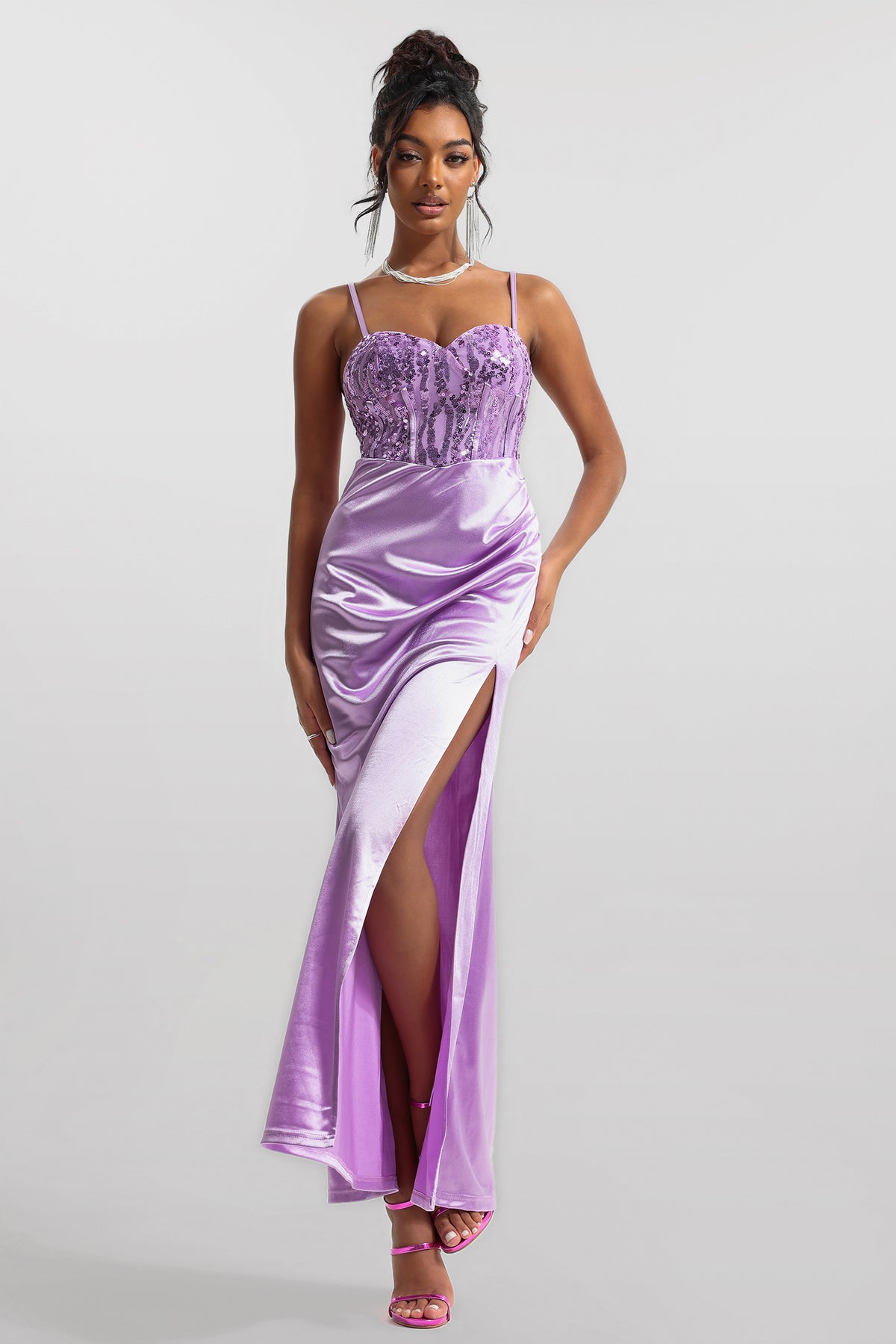 Sequin Satin Corset Split Midi Dress