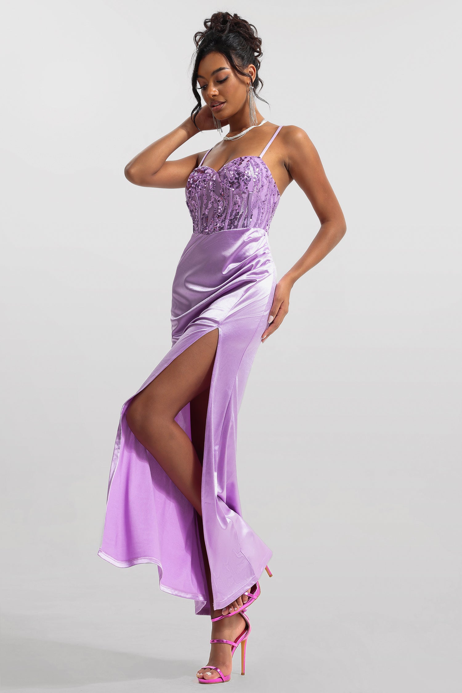 Sequin Satin Corset Split Midi Dress