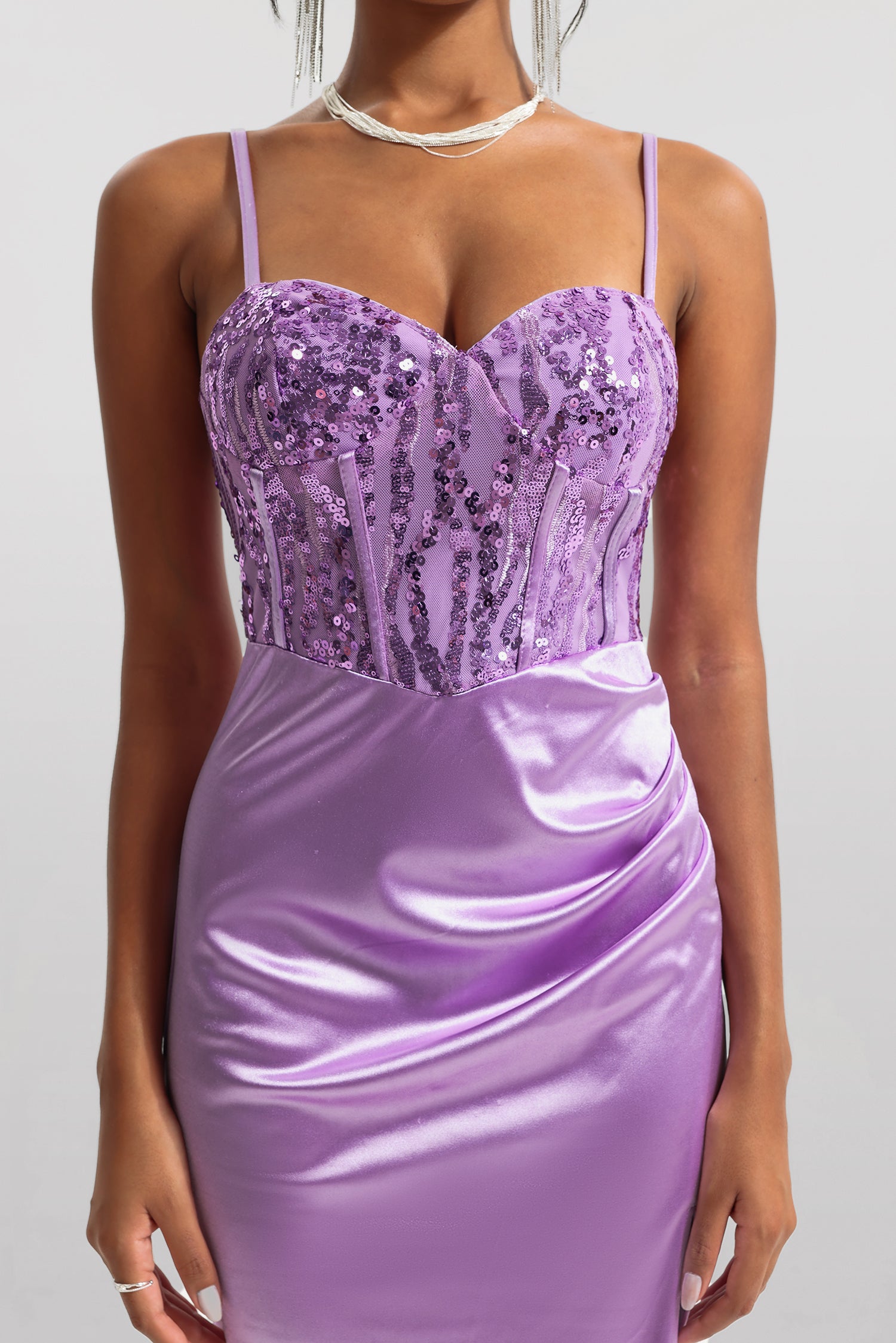 Sequin Satin Corset Split Midi Dress