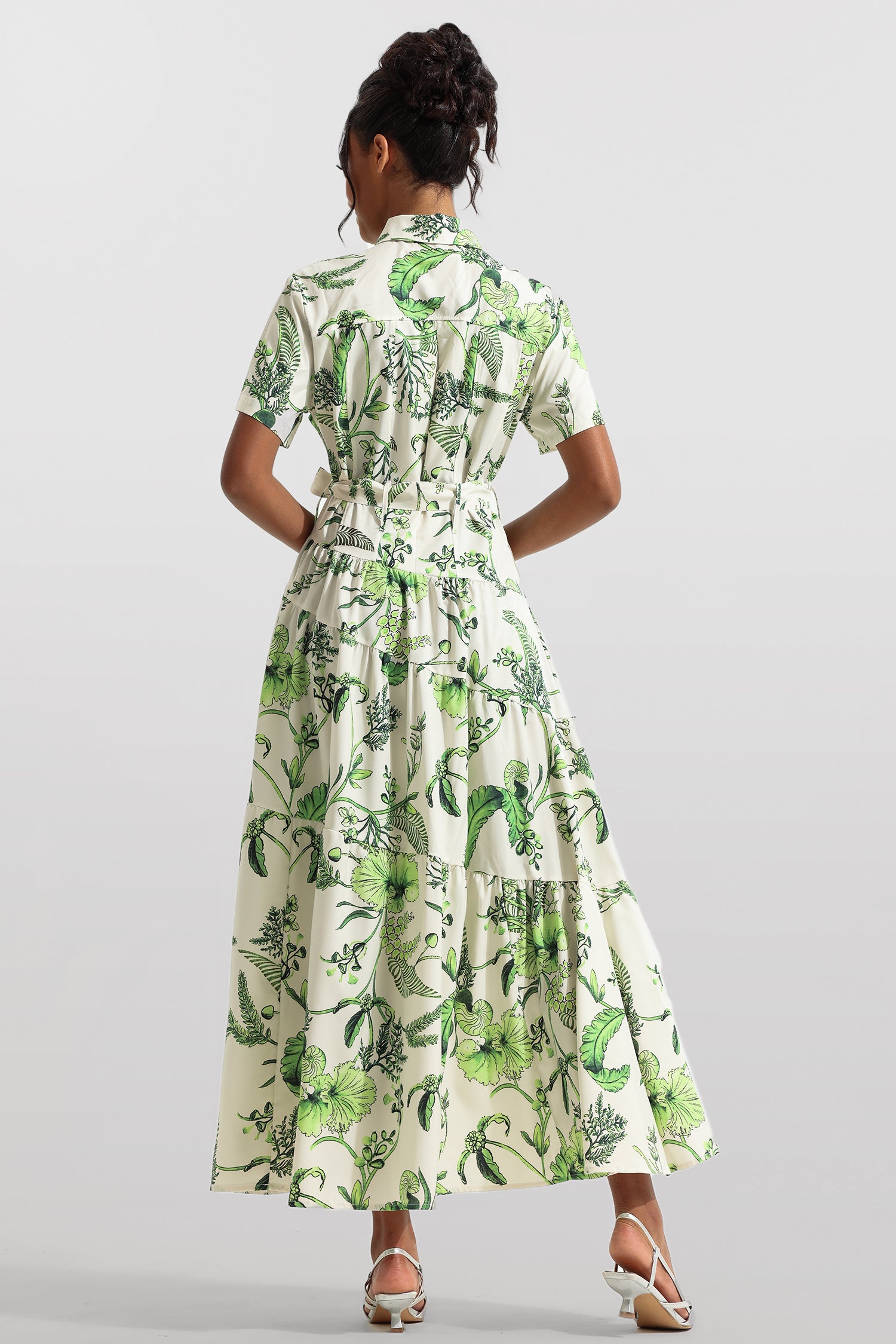 Floral Shirt Collar Single Breasted Midi Dress With Belt