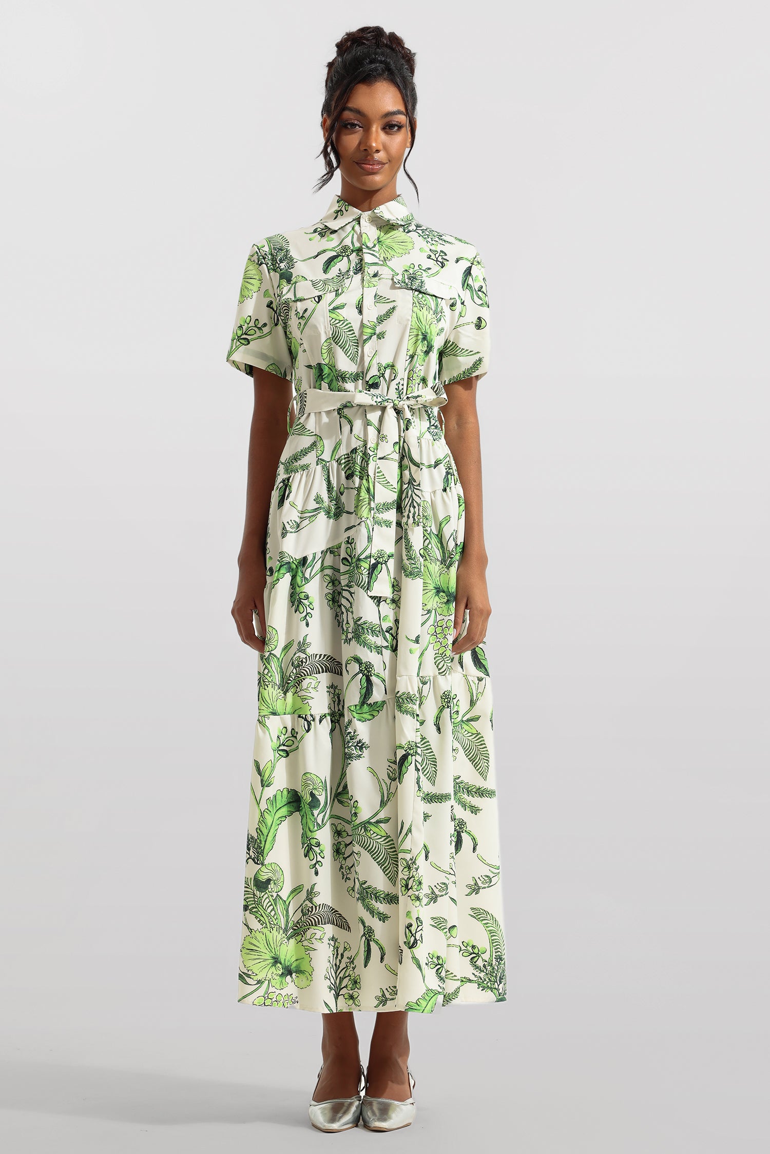 Floral Shirt Collar Single Breasted Midi Dress With Belt