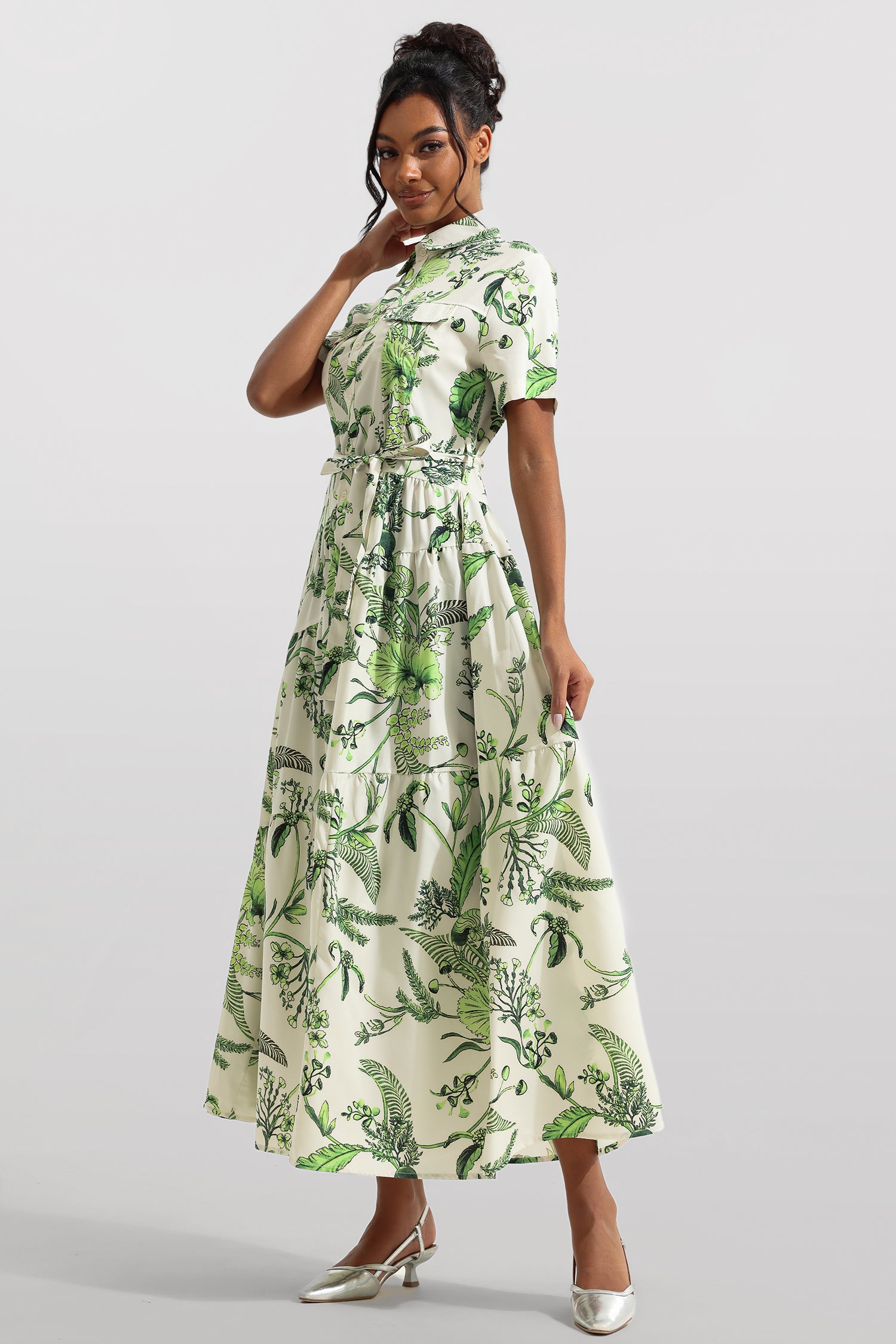 Floral Shirt Collar Single Breasted Midi Dress With Belt